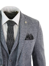 Men's Light Grey 3 Piece Tweed Herringbone Suit - STZ11