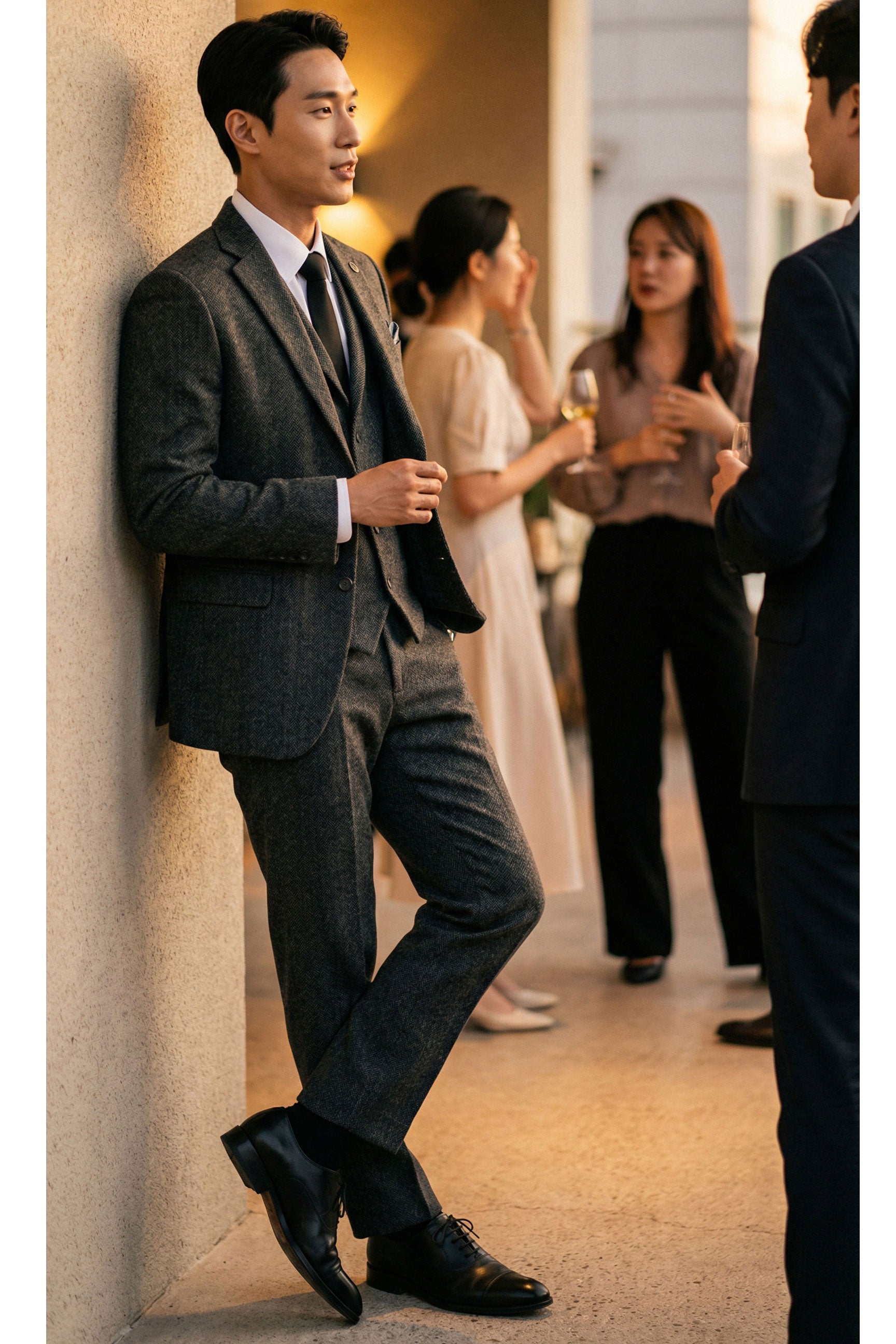 Abito da uomo in tweed a spina di pesce grigio antracite, 3 pezzi - STZ11