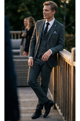 Abito da uomo in tweed a spina di pesce grigio antracite, 3 pezzi - STZ11