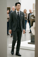 Abito da uomo in tweed a spina di pesce grigio antracite, 3 pezzi - STZ11