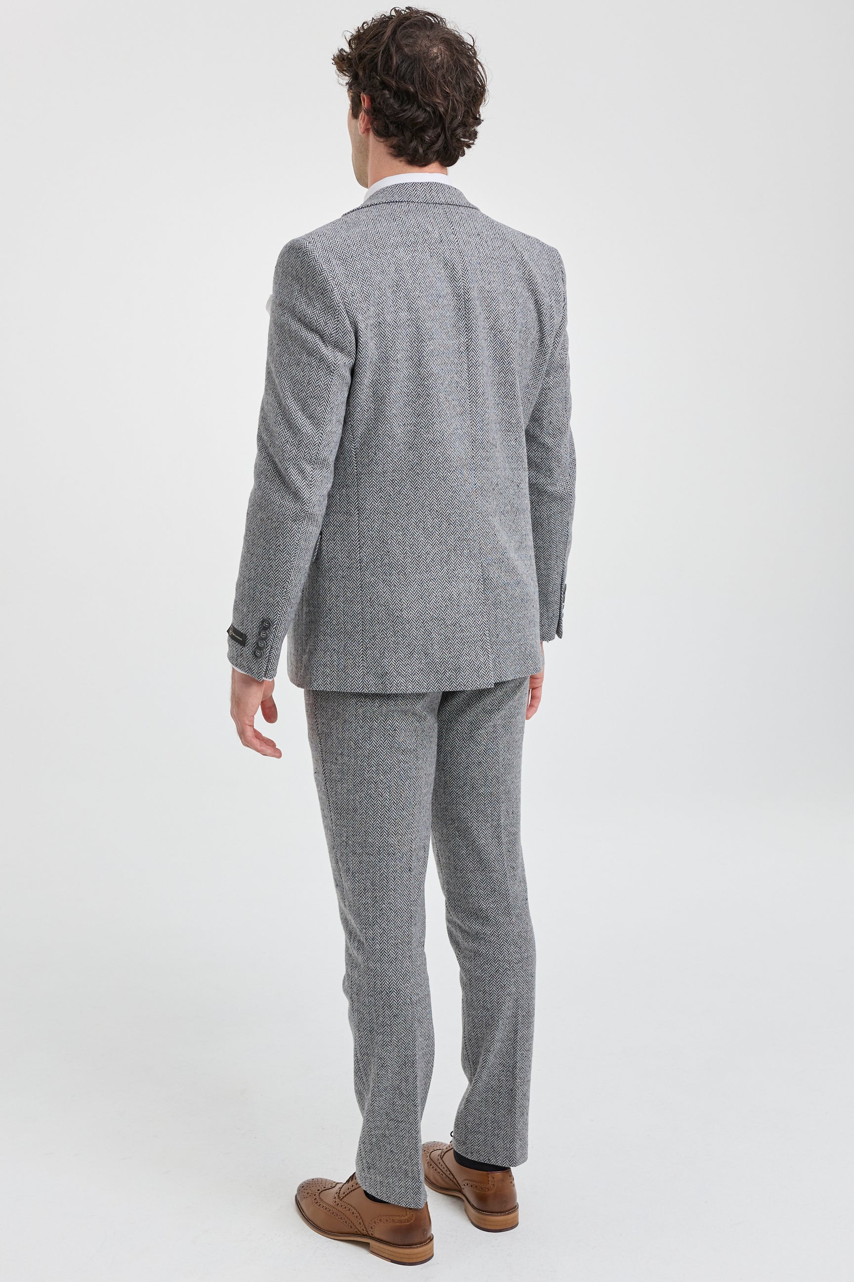 Abito da uomo in tweed a spina di pesce grigio chiaro, 3 pezzi - STZ11