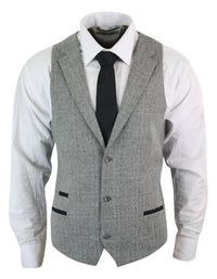 Mens Waistcoat Wool Check Herringbone Tweed Brown Black Classic Vintage Fit