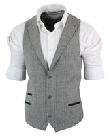 Mens Waistcoat Wool Check Herringbone Tweed Brown Black Classic Vintage Fit