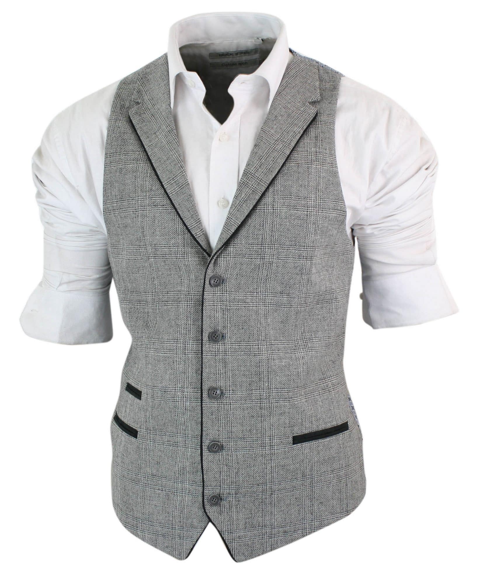 Mens Waistcoat Wool Check Herringbone Tweed Brown Black Classic Vintage Fit