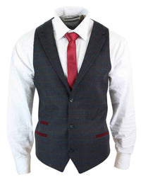 Mens Waistcoat Wool Olive Green with Red Blue Brown Check Tweed Classic Vintage Tailored Fit