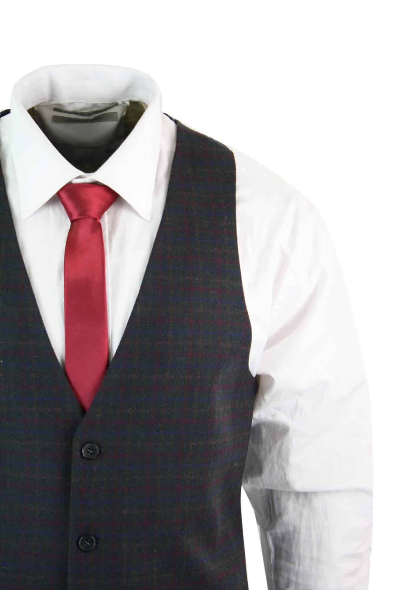 Mens Waistcoat Wool Olive Green with Red Blue Brown Check Tweed Classic Vintage Tailored Fit