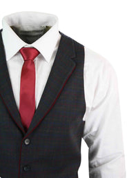 Mens Waistcoat Wool Olive Green with Red Blue Brown Check Tweed Classic Vintage Tailored Fit