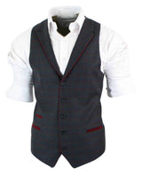 Mens Waistcoat Wool Olive Green with Red Blue Brown Check Tweed Classic Vintage Tailored Fit