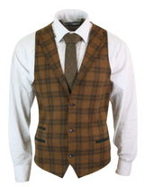 Mens Waistcoat Wool Tan Brown Check Tweed Classic Vintage Tailored Fit
