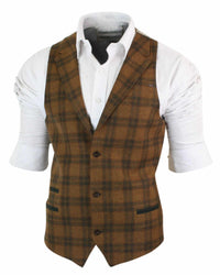 Mens Waistcoat Wool Tan Brown Check Tweed Classic Vintage Tailored Fit