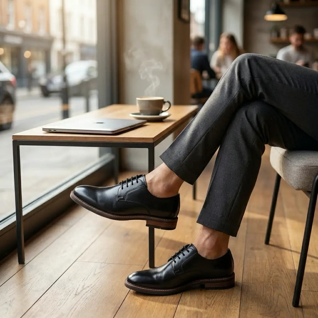 Scarpe stringate Derby da uomo in pelle nera con punta liscia, modello Tanner.