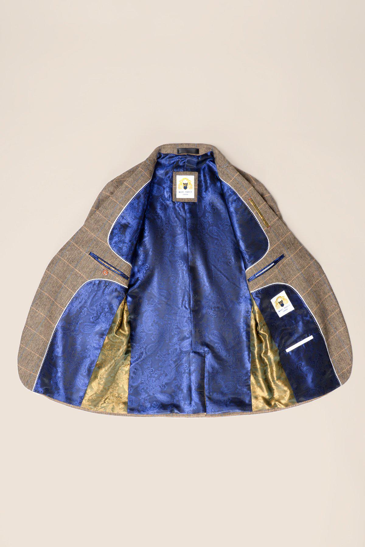 Abito da uomo a 3 pezzi in tweed a spina di pesce marrone chiaro a quadri, vestibilità su misura, classico doppio