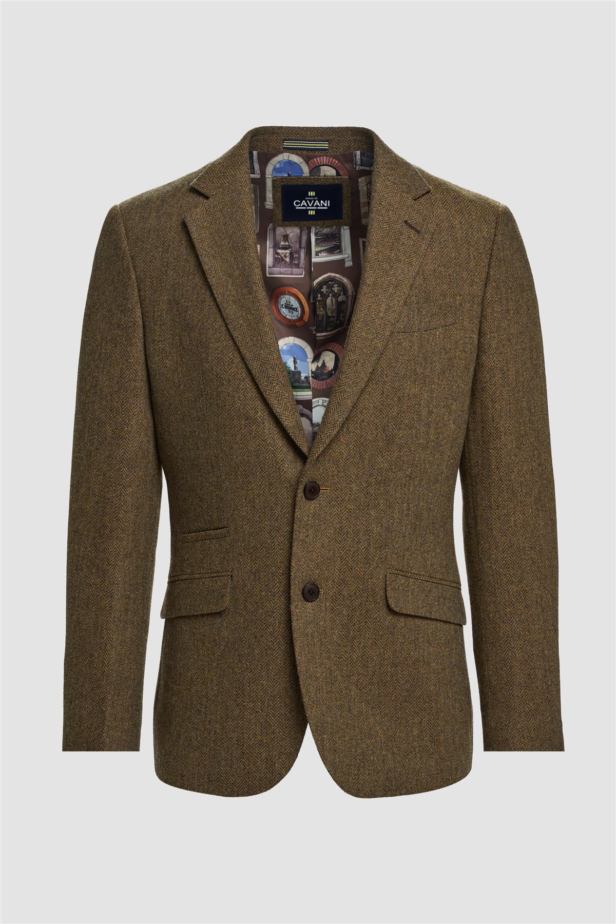 Thomas - Blazer classico in tweed a spina di pesce marrone da uomo