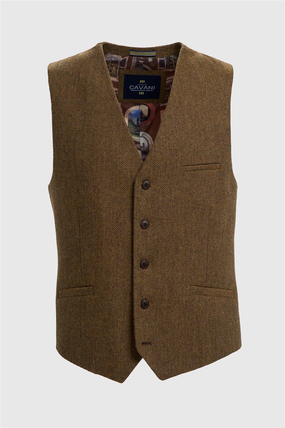Thomas - Gilet da uomo in tweed a spina di pesce in misto lana marrone