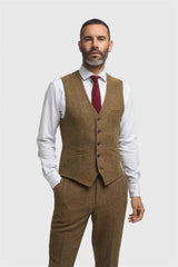 Thomas - Gilet da uomo in tweed a spina di pesce in misto lana marrone