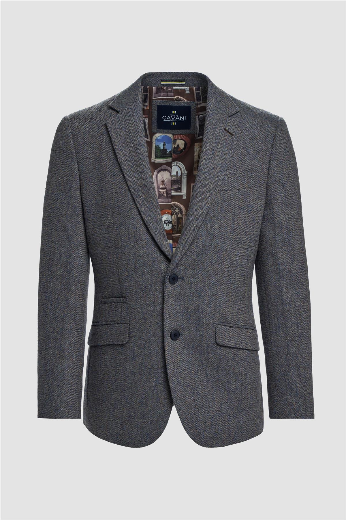 Thomas - Blazer classico in tweed a spina di pesce blu navy da uomo