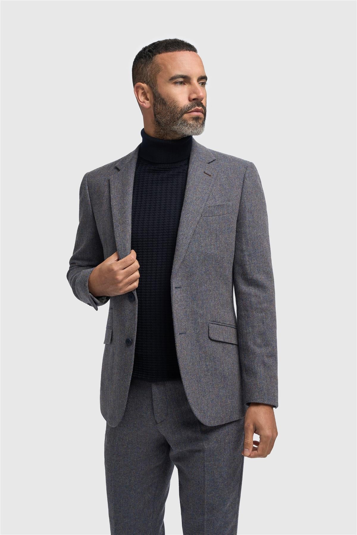 Thomas - Blazer classico in tweed a spina di pesce blu navy da uomo