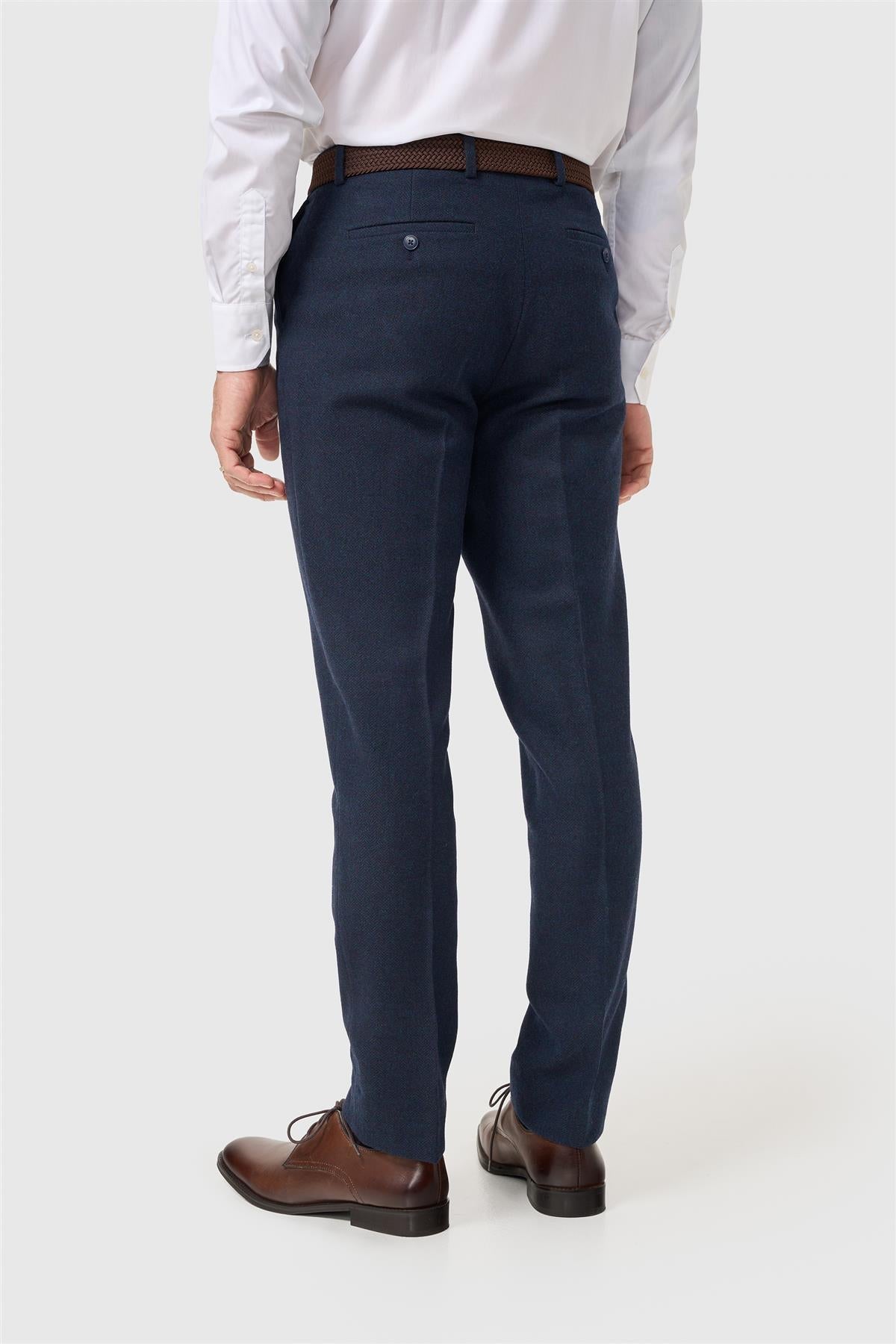 Thomas - Pantaloni da uomo in tweed a spina di pesce in misto lana blu navy