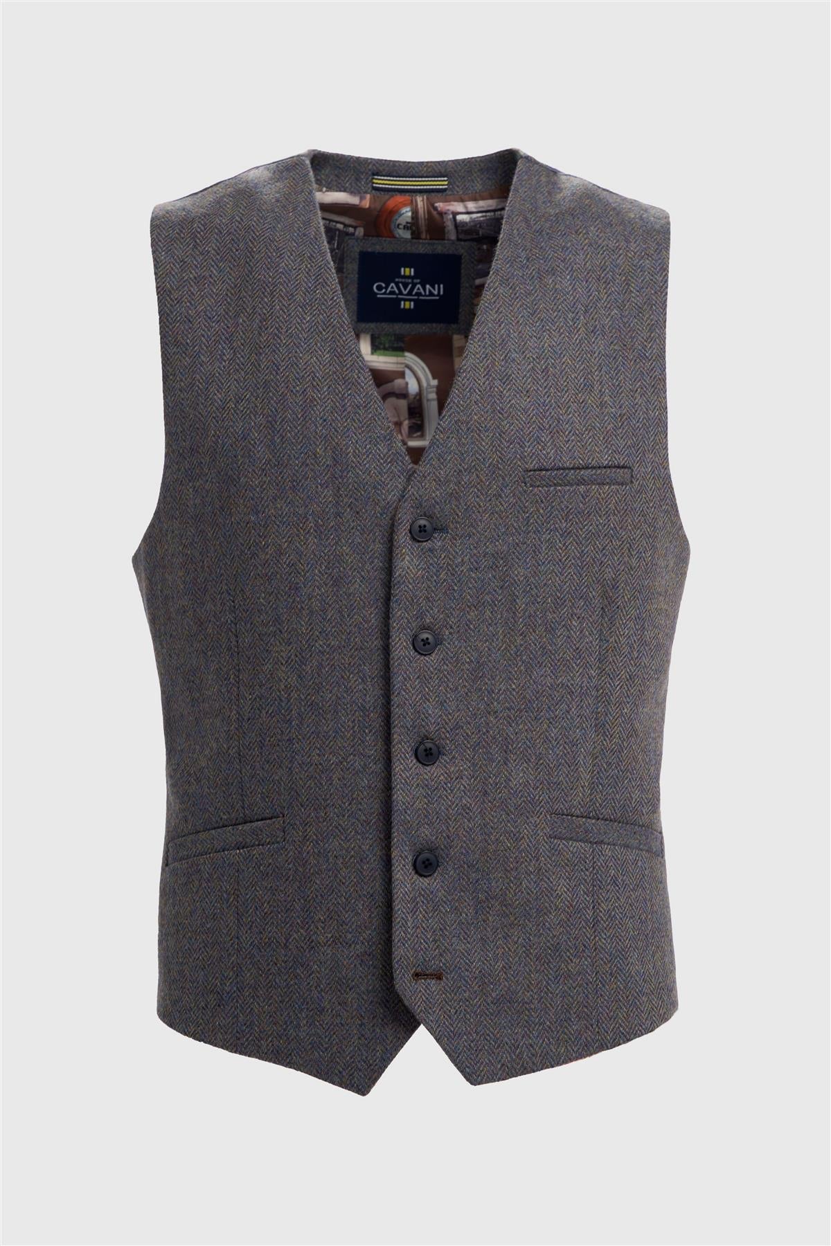 Thomas - Gilet da uomo in tweed a spina di pesce in misto lana blu navy
