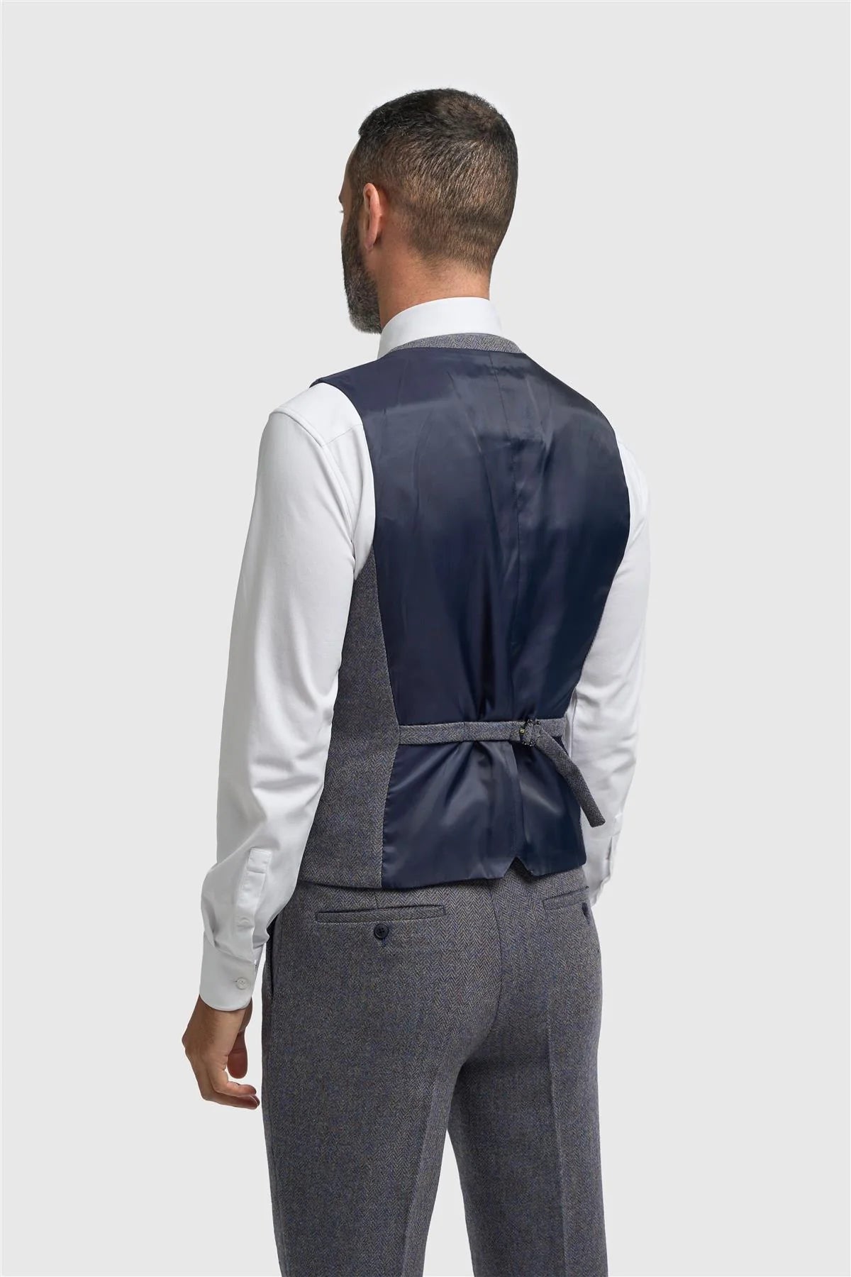 Thomas - Gilet da uomo in tweed a spina di pesce in misto lana blu navy