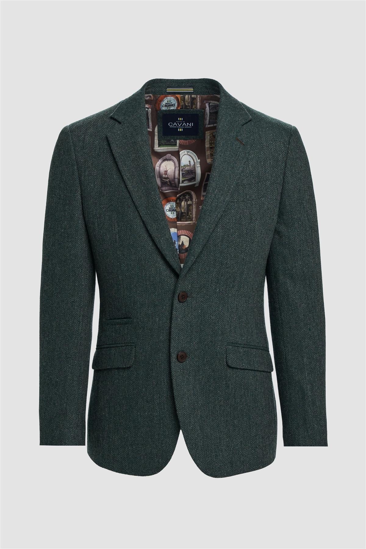 Thomas - Blazer classico da uomo in tweed a spina di pesce verde oliva