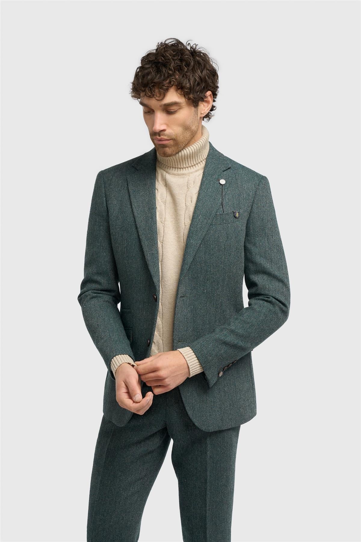 Thomas - Blazer classico da uomo in tweed a spina di pesce verde oliva