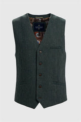 Thomas - Gilet da uomo in tweed a spina di pesce in misto lana color oliva