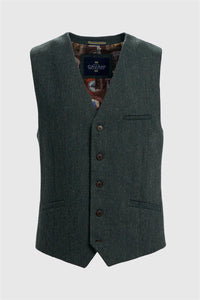 Thomas - Gilet da uomo in tweed a spina di pesce in misto lana color oliva