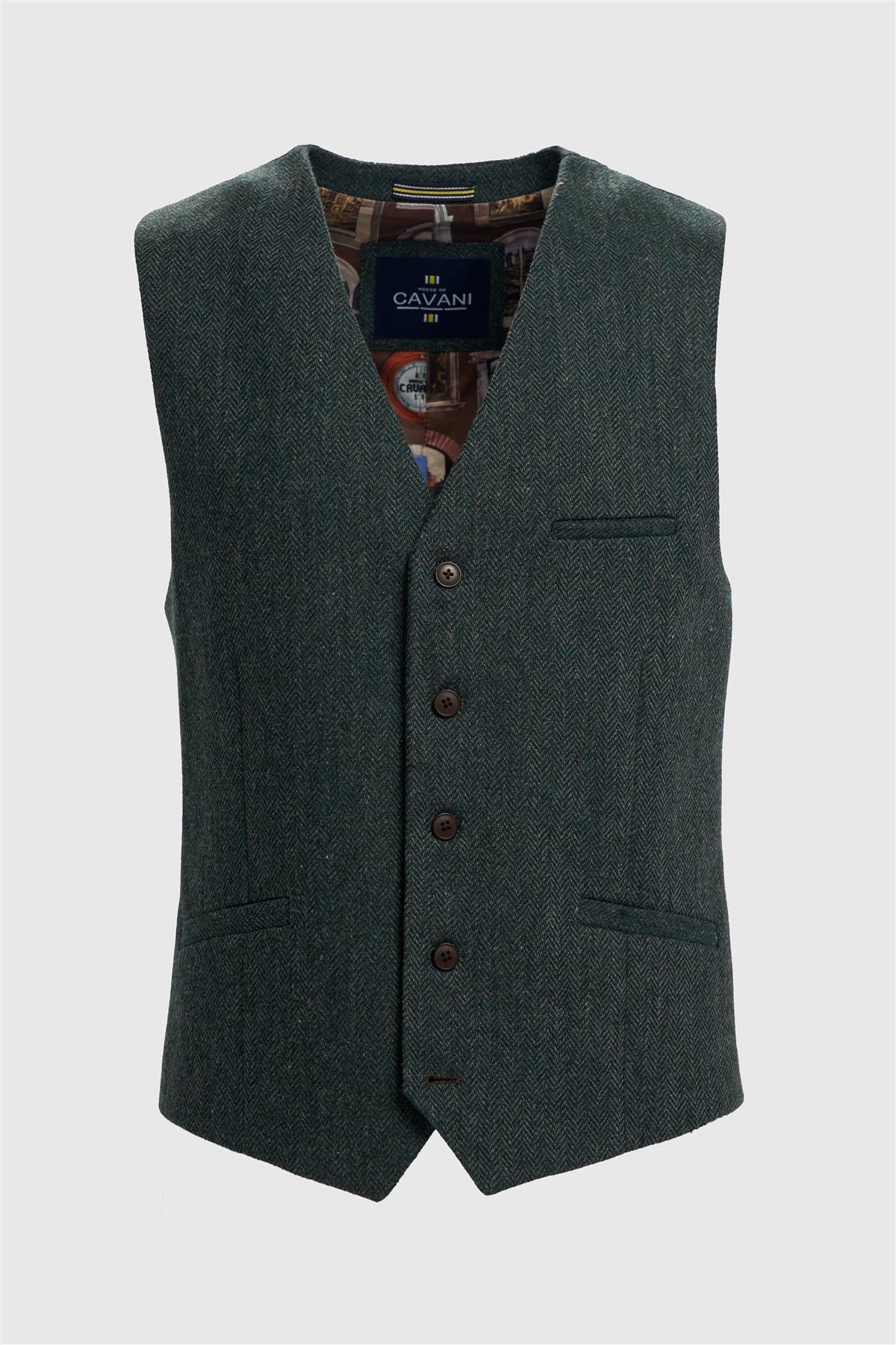Thomas - Gilet da uomo in tweed a spina di pesce in misto lana color oliva