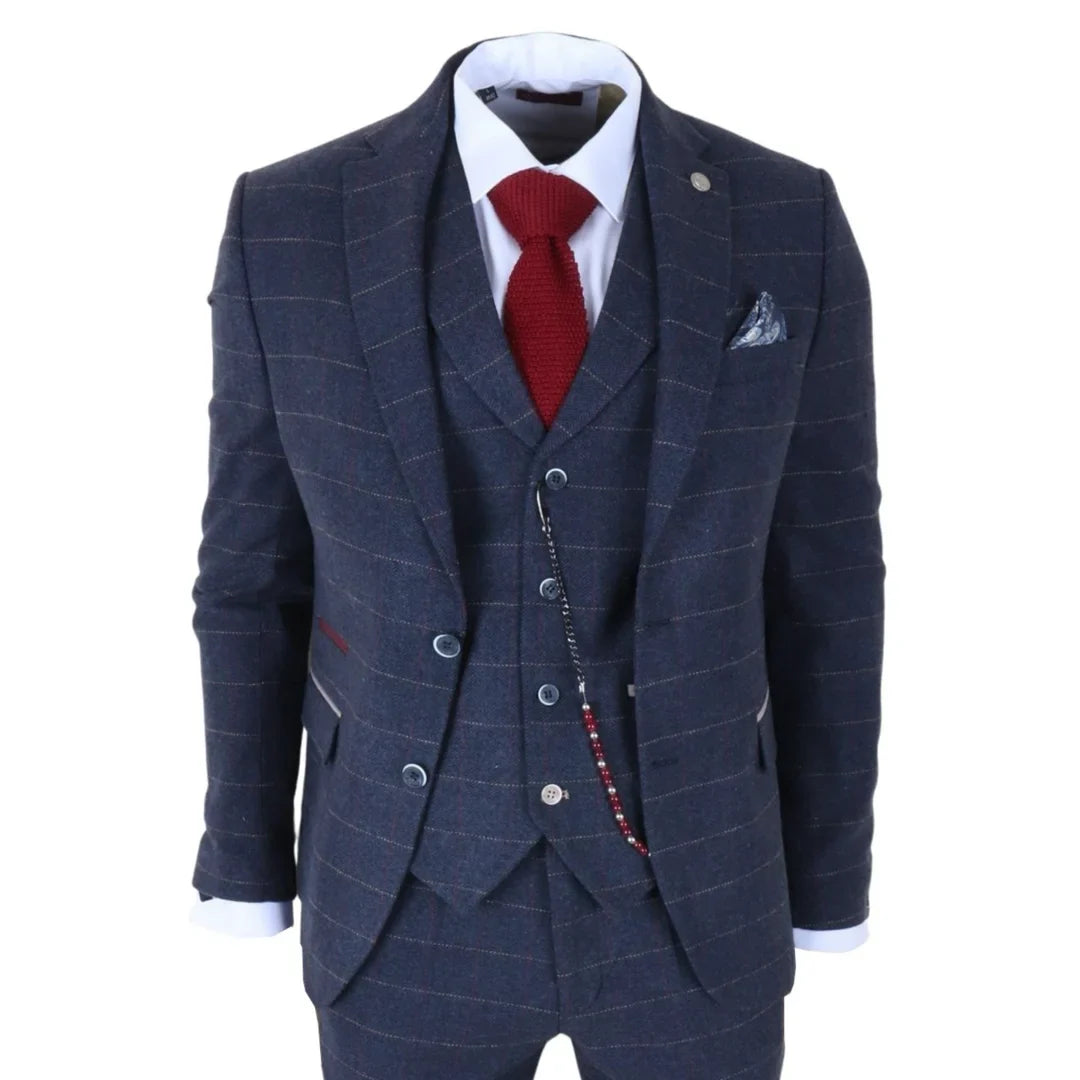 TP-32 - Abito da uomo a tre pezzi in tweed di misto lana blu navy stile Gatsby