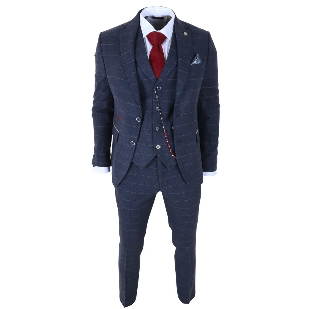 TP-32 - Abito da uomo a tre pezzi in tweed di misto lana blu navy stile Gatsby