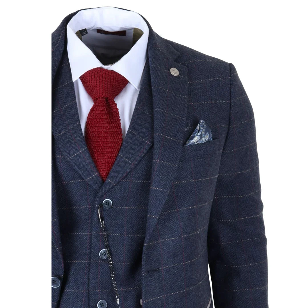 TP-32 - Abito da uomo a tre pezzi in tweed di misto lana blu navy stile Gatsby