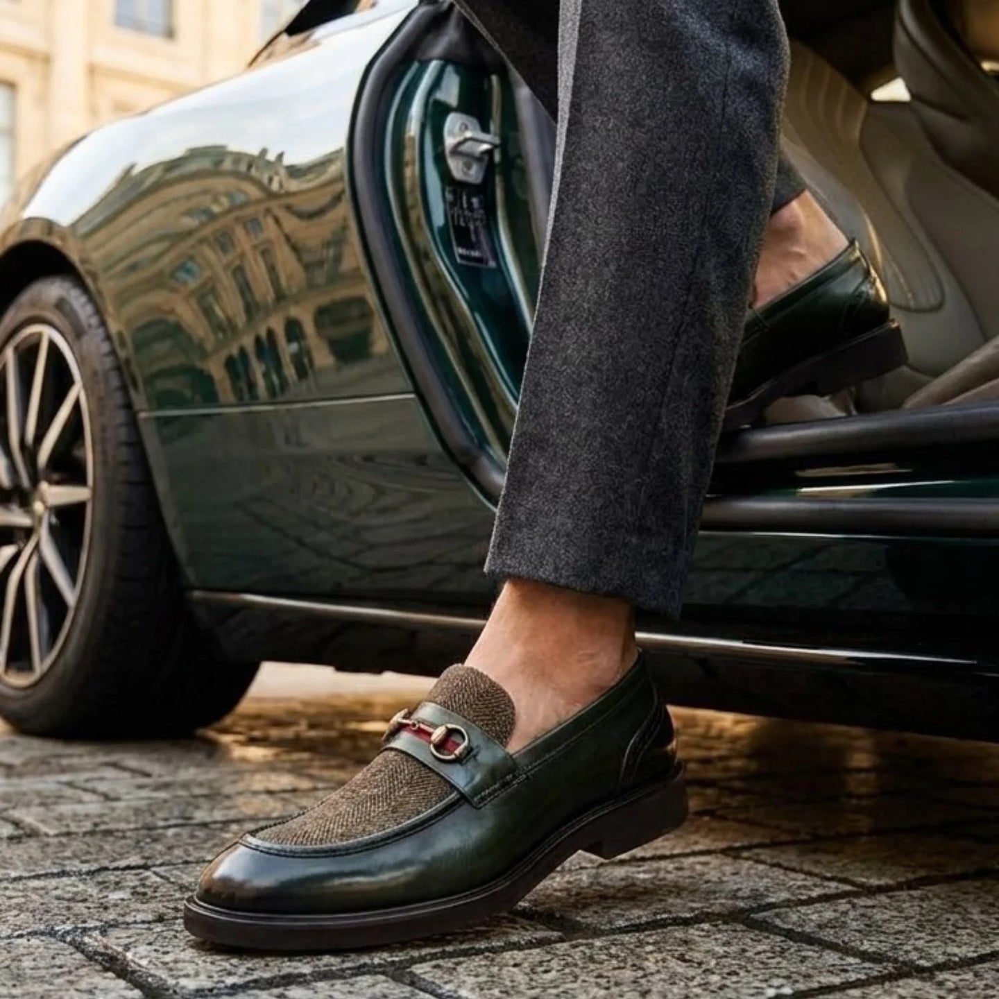 Tristian - Mocassini da uomo in tweed verde con motivo a spina di pesce