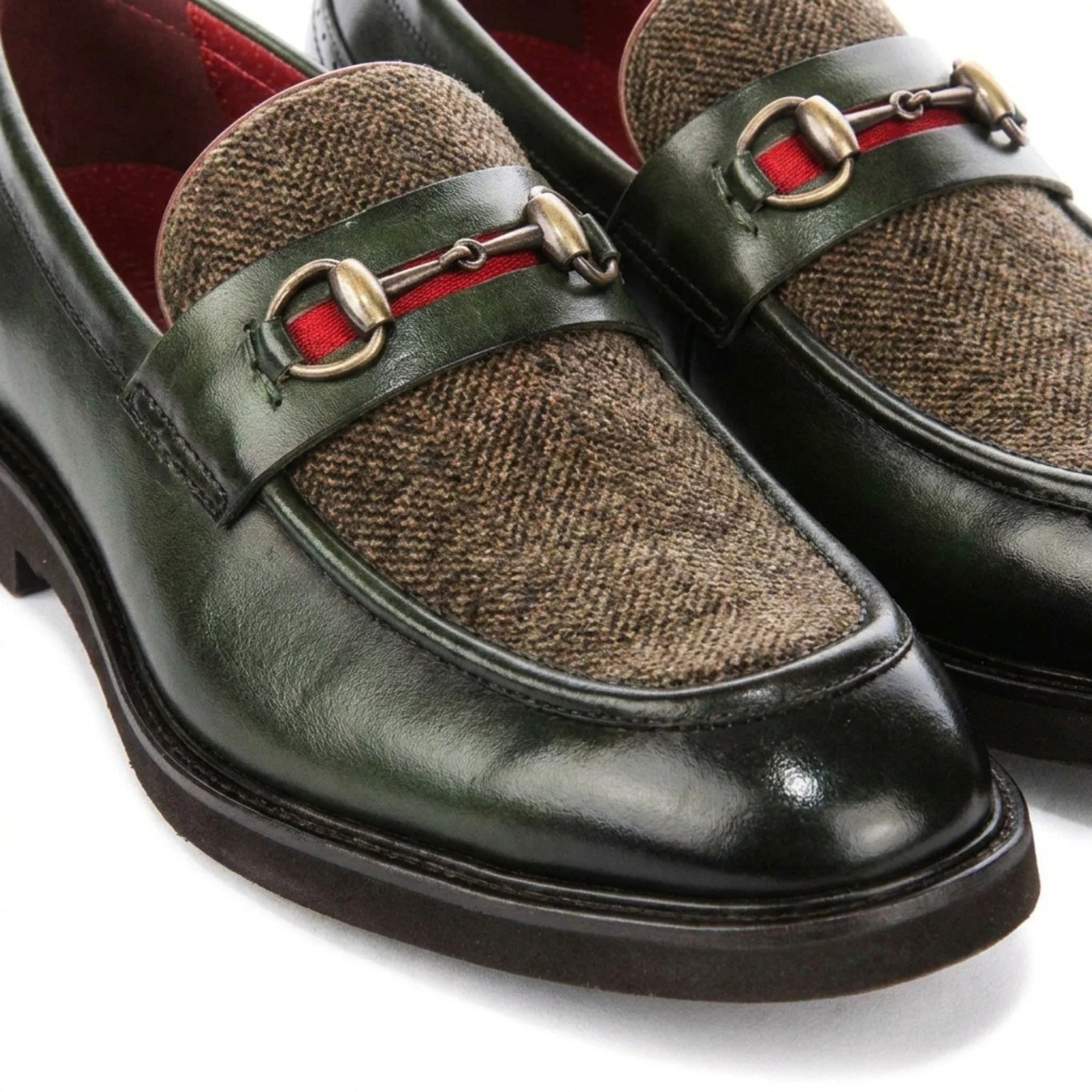 Tristian - Mocassini da uomo in tweed verde con motivo a spina di pesce