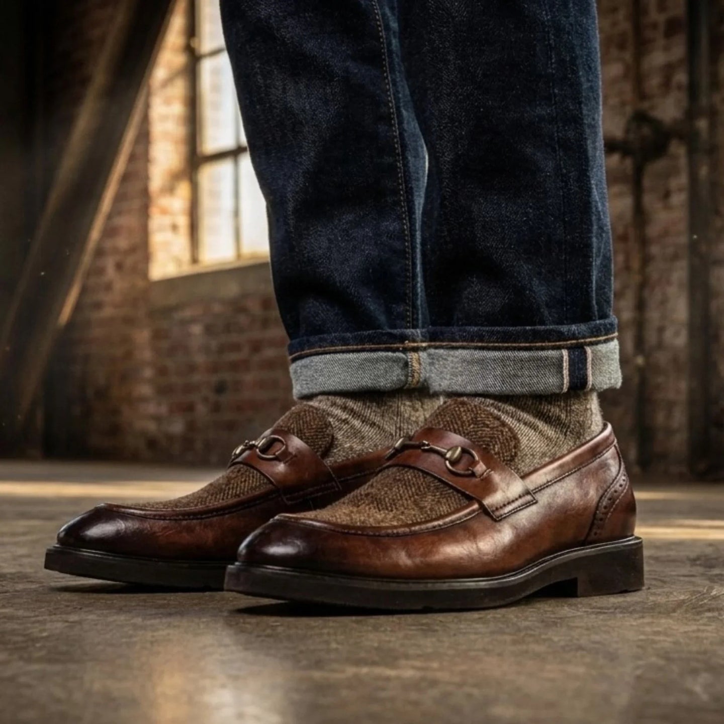Tristian - Mocassini da uomo in tweed a spina di pesce in pelle marrone chiaro