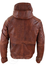 Mens Real Leather Bomber Hood Jacket - Tan