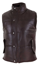 Mens Real Leather Waistcoat Gilet Quilted Puffer Design Warm Zip Casual Brown