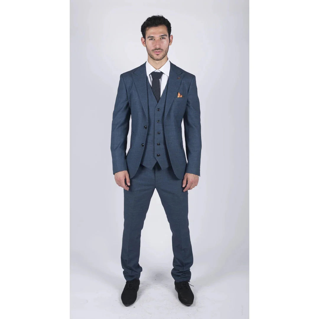 Abito da uomo 3 pezzi in stile Principe di Galles, blu, classico, leggero, vestibilità sartoriale, moderno