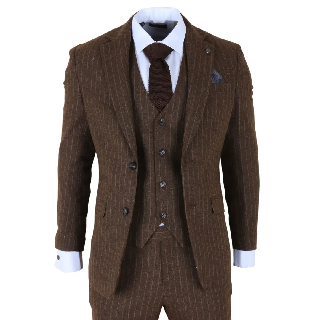 Brown pinstripe suit with a tie on a white background