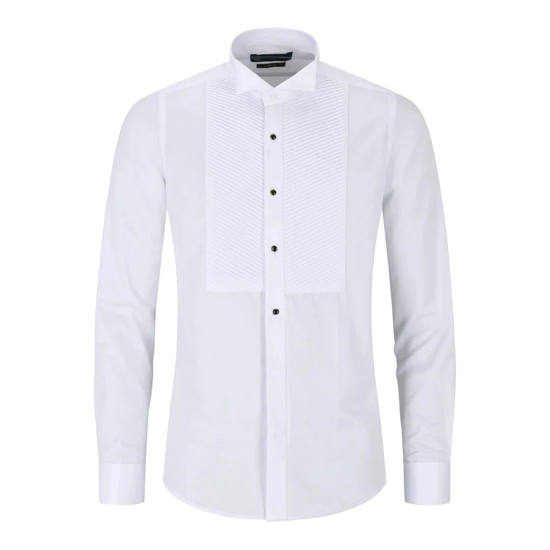 Men's Wing Collar White Shirt Pleated Tuxedo Double Cuff Satin Cotton