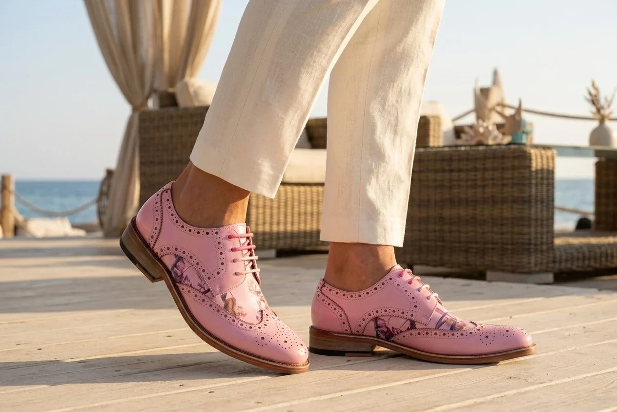 Wolf - Scarpe eleganti da uomo modello brogue con punta a coda di rondine e stampa floreale rosa