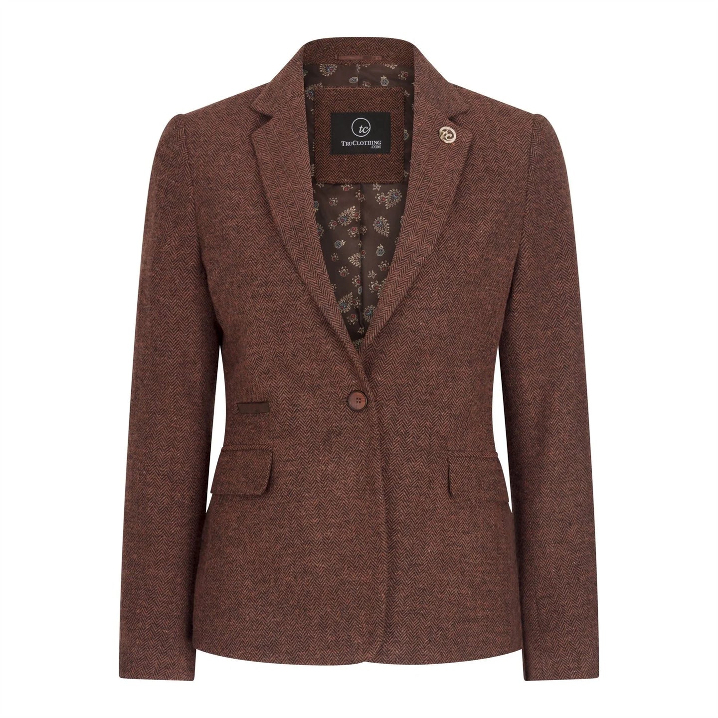 WS-12 - Blazer da donna in tweed a spina di pesce in lana marrone ruggine