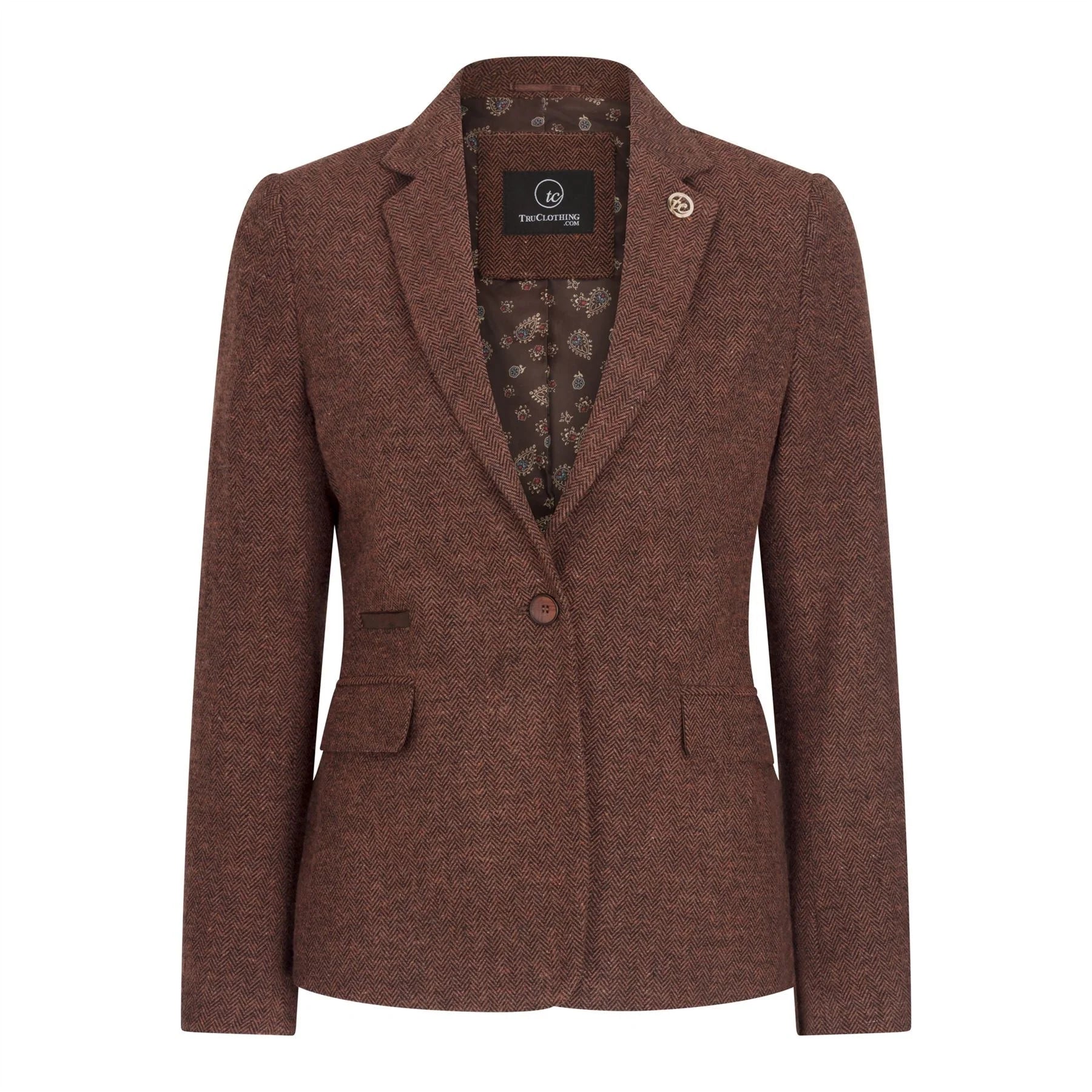WS-12 - Blazer da donna in tweed a spina di pesce in lana marrone ruggine