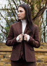 WS-12 - Blazer da donna in tweed a spina di pesce in lana marrone ruggine