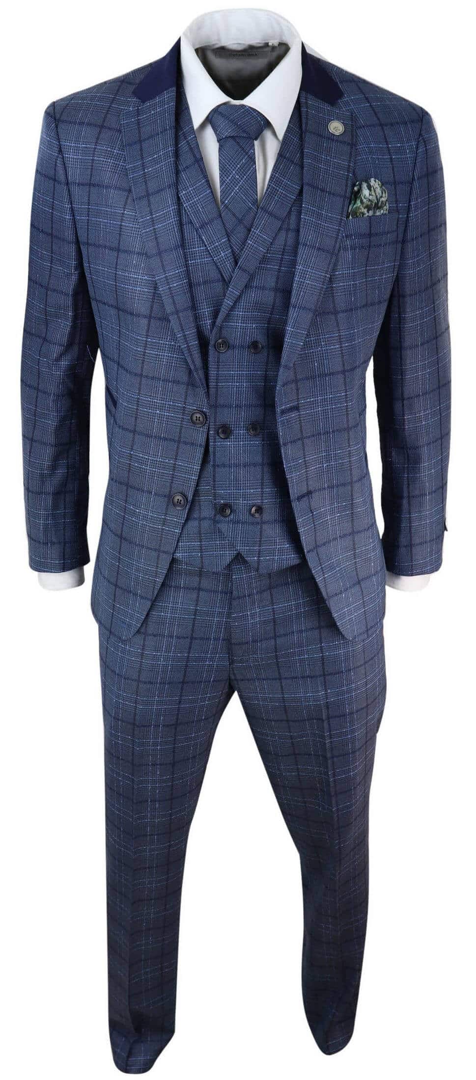Mens Blue Check Tailored Fit Suit